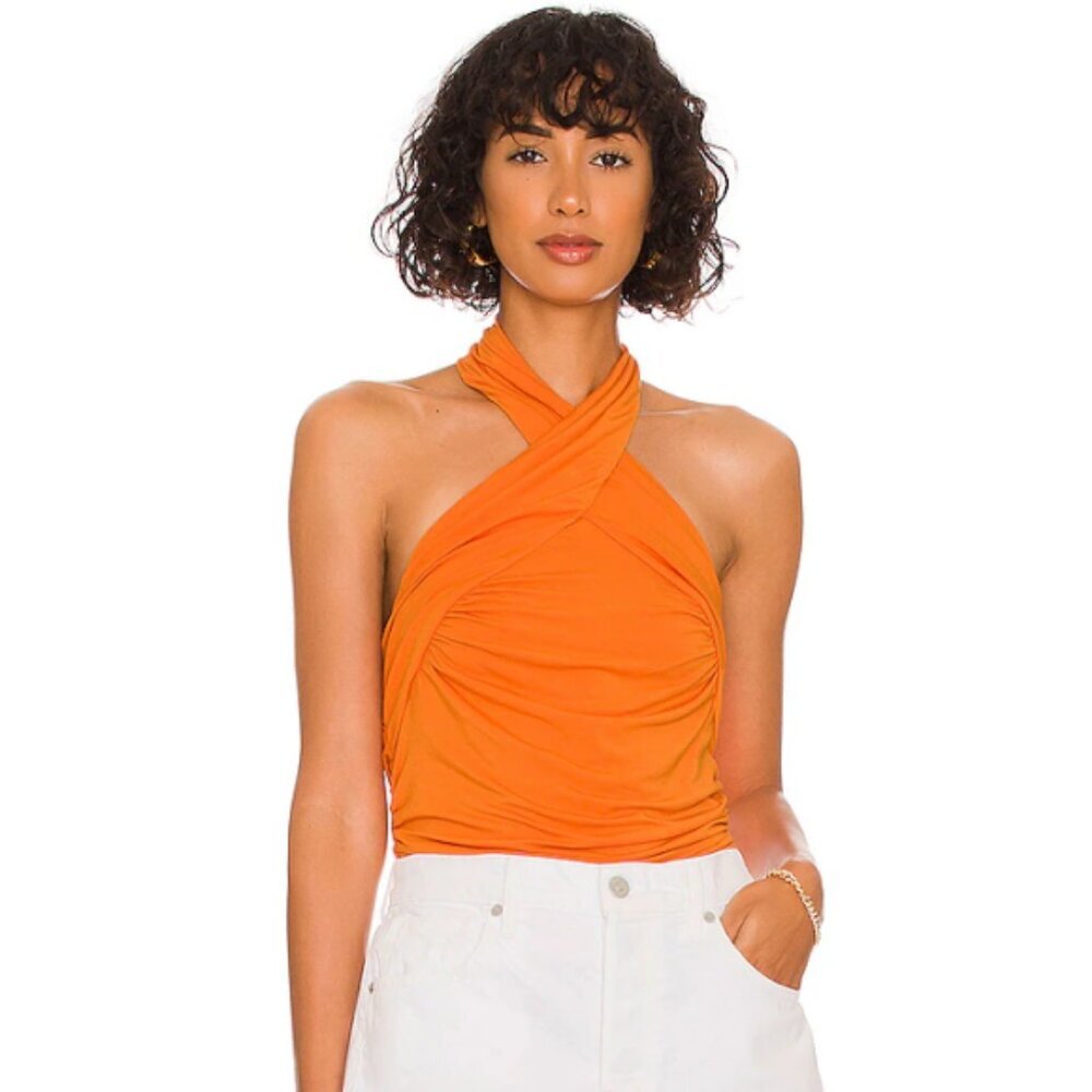 Veronica Beard Orange Halter Twist Front Top